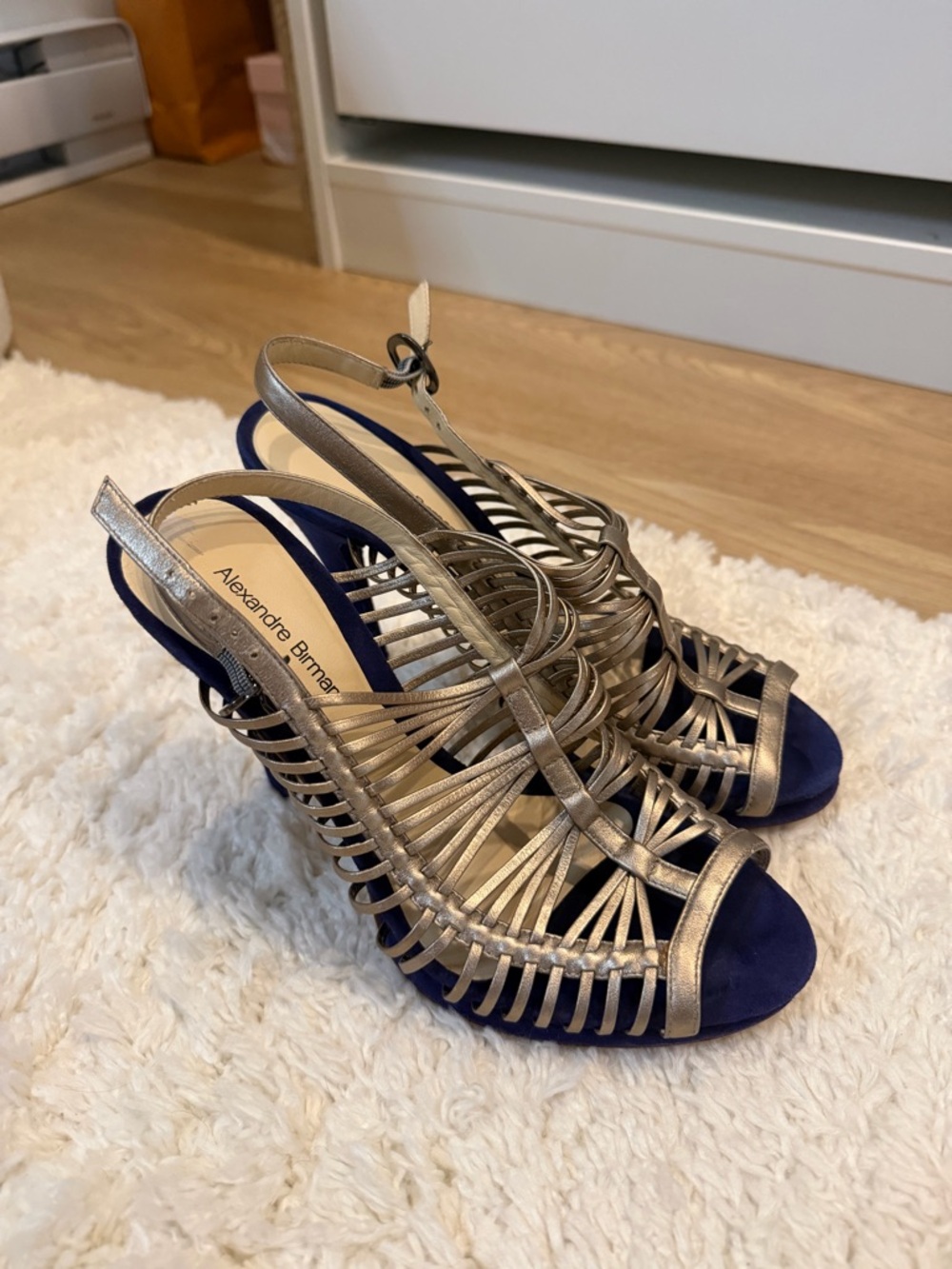 Alexandre Birman Gold Metallic and Navy Suede Strappy Slingback Heels